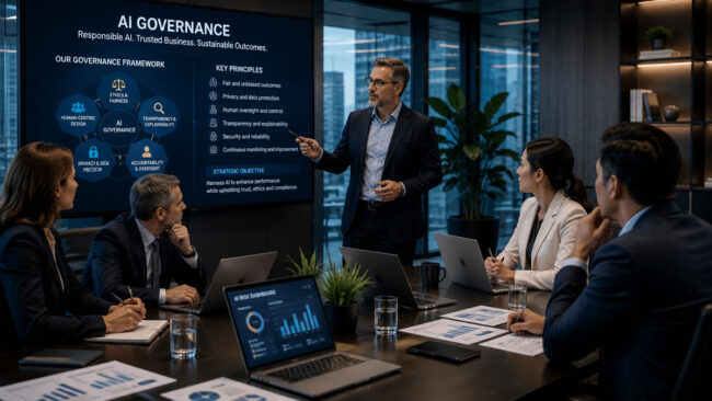hrinfo-AI governance presentation in a boardroom